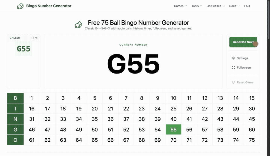Animated demo of calling numbers, opening Game Settings, and toggling the History switch off and on